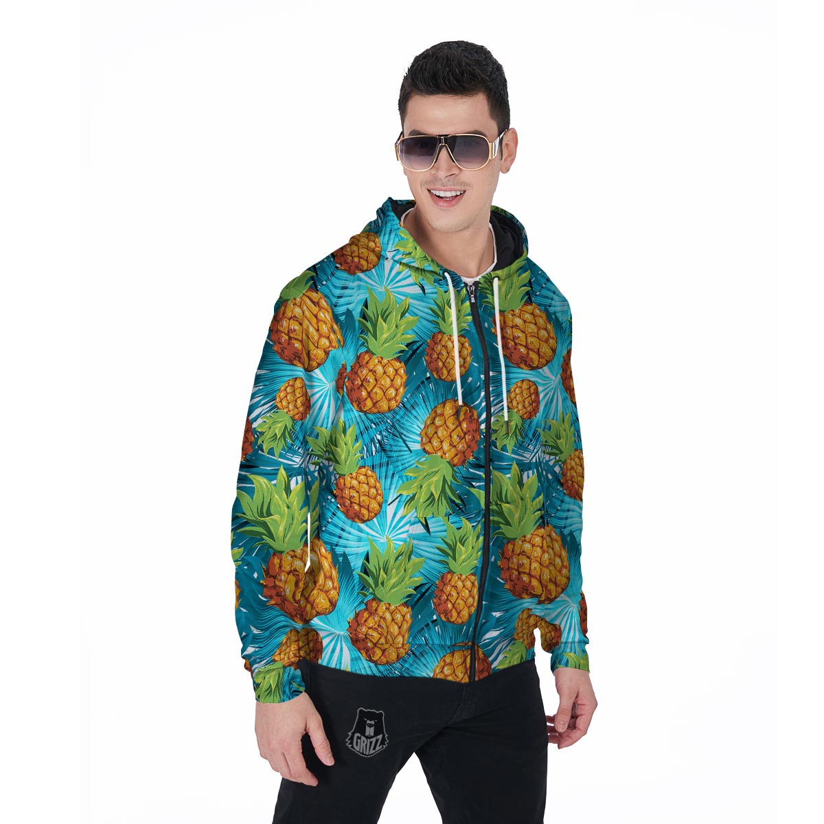 Blue Tropical Hawaiian Pineapple Print Men's Zip Up Hoodie-grizzshop