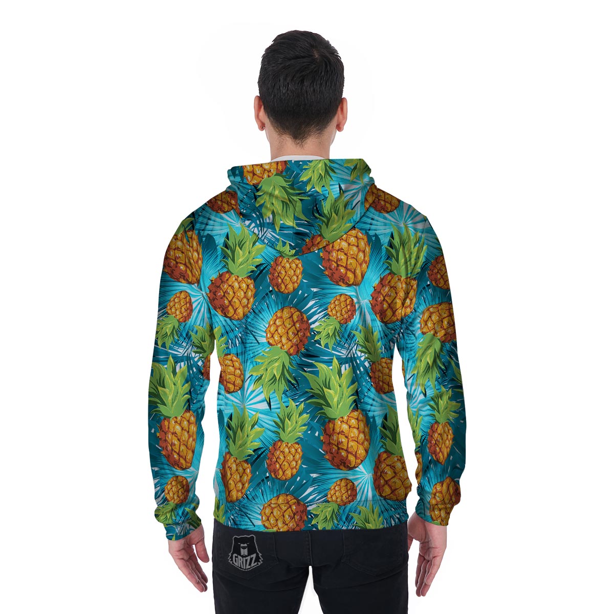 Blue Tropical Hawaiian Pineapple Print Men's Zip Up Hoodie-grizzshop