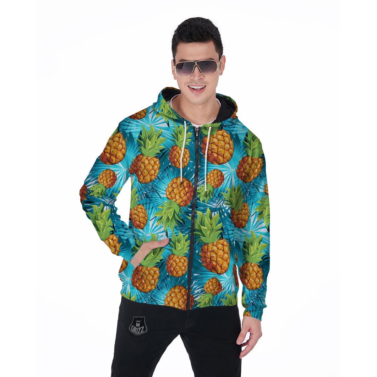 Blue Tropical Hawaiian Pineapple Print Men's Zip Up Hoodie-grizzshop
