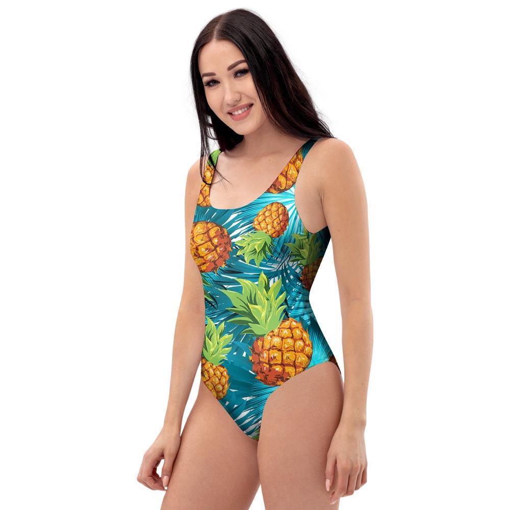 Blue Tropical Hawaiian Pineapple Print One Piece Swimsuite-grizzshop