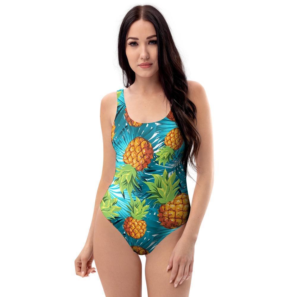 Blue Tropical Hawaiian Pineapple Print One Piece Swimsuite-grizzshop