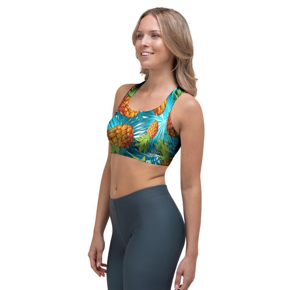 Blue Tropical Hawaiian Pineapple Print Sports Bra-grizzshop