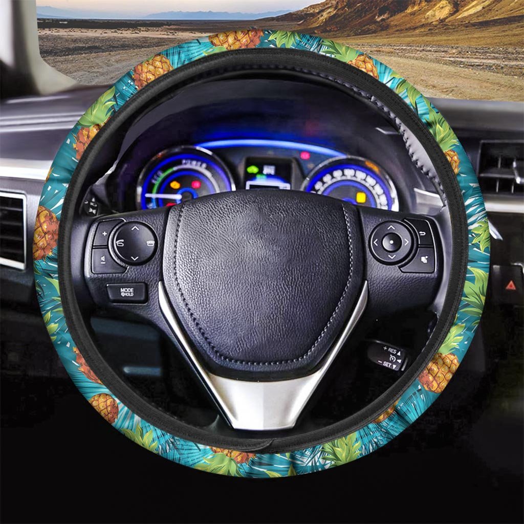 Blue Tropical Hawaiian Pineapple Print Steering Wheel Cover-grizzshop