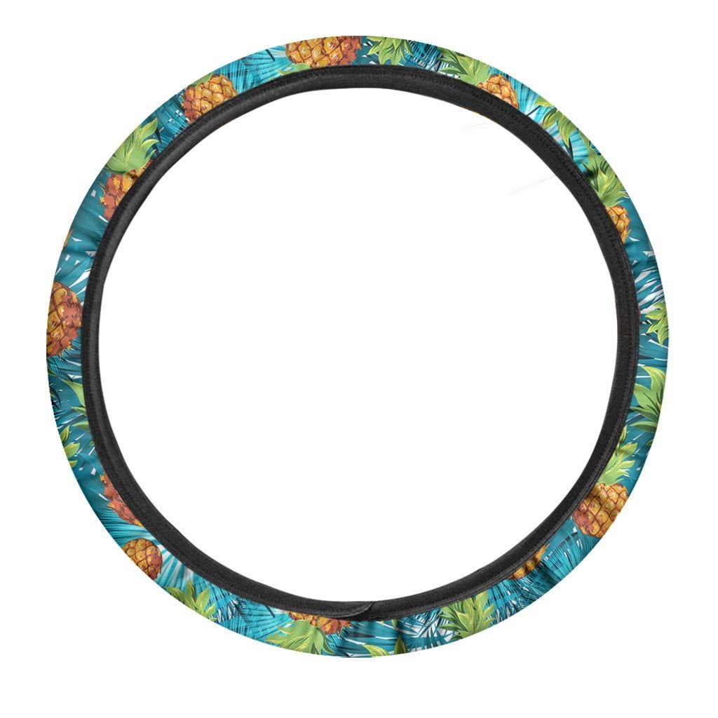 Blue Tropical Hawaiian Pineapple Print Steering Wheel Cover-grizzshop