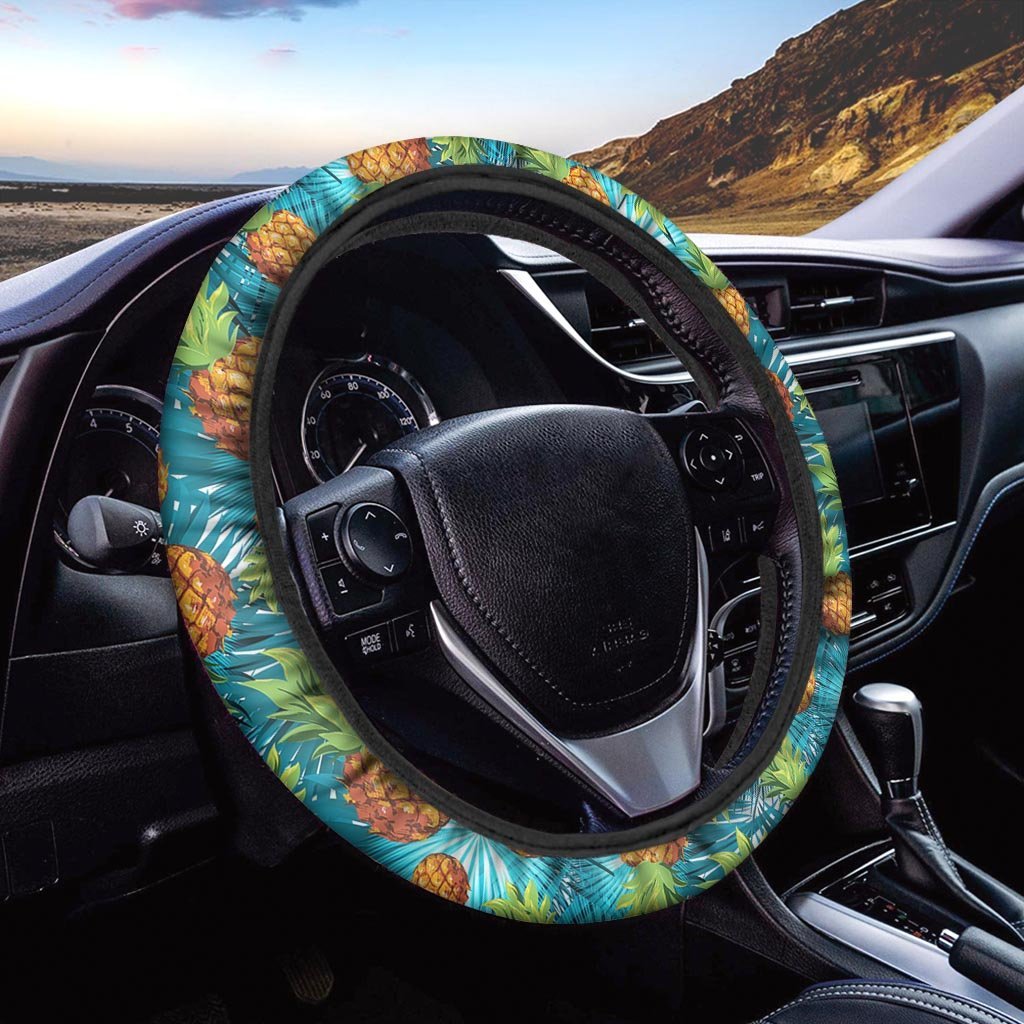 Blue Tropical Hawaiian Pineapple Print Steering Wheel Cover-grizzshop