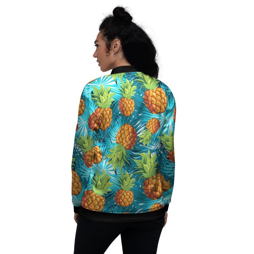 Blue Tropical Hawaiian Pineapple Print Women's Bomber Jacket-grizzshop