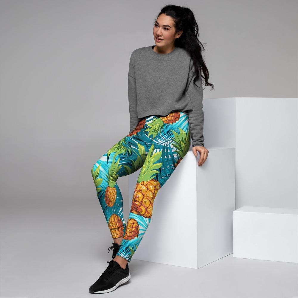 Blue Tropical Hawaiian Pineapple Print Women's Joggers-grizzshop