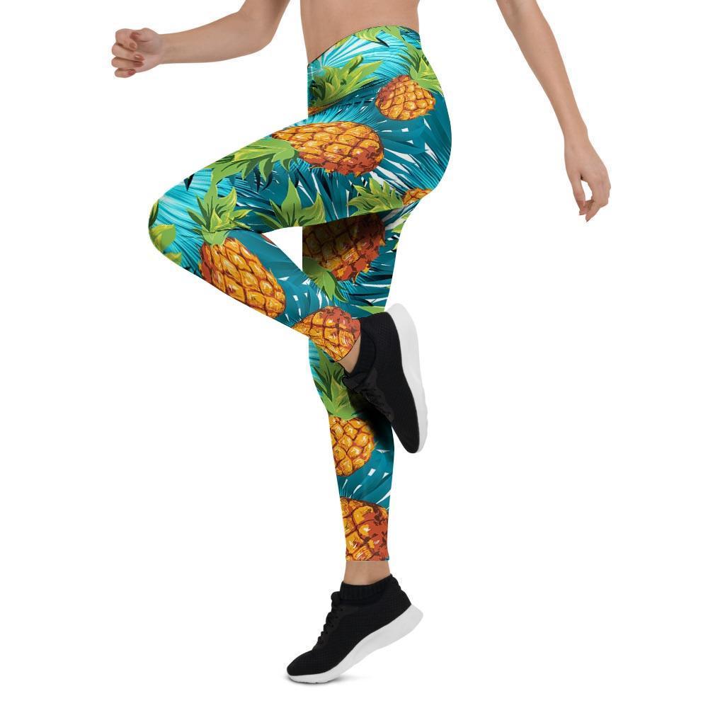 Blue Tropical Hawaiian Pineapple Print Women's Leggings-grizzshop