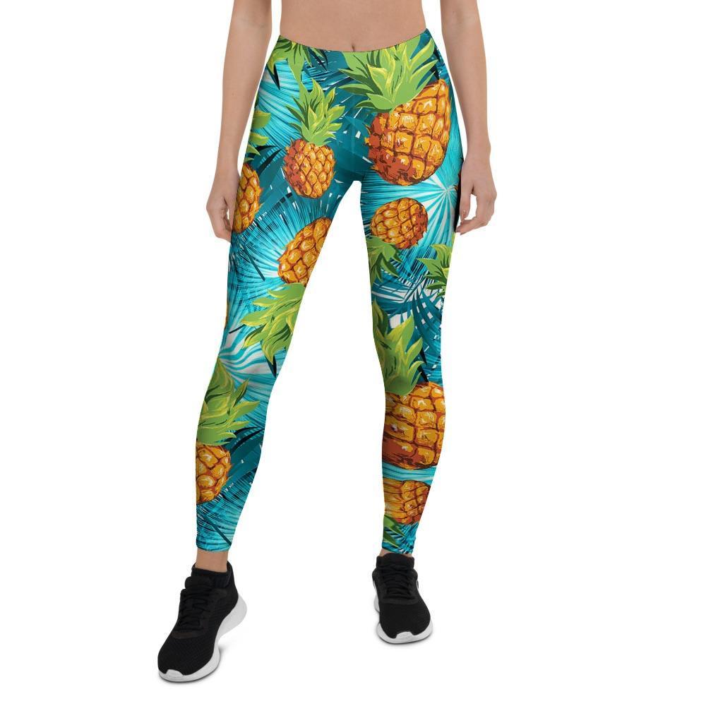 Blue Tropical Hawaiian Pineapple Print Women's Leggings-grizzshop