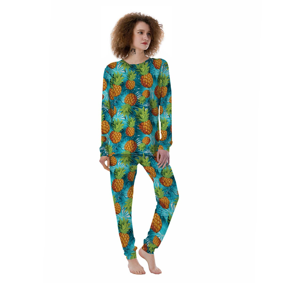 Blue Tropical Hawaiian Pineapple Print Women's Pajamas-grizzshop