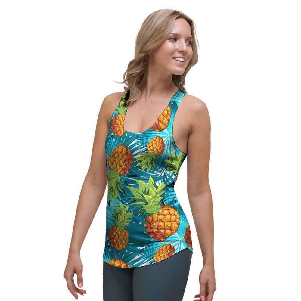 Blue Tropical Hawaiian Pineapple Print Women's Racerback Tank Top-grizzshop