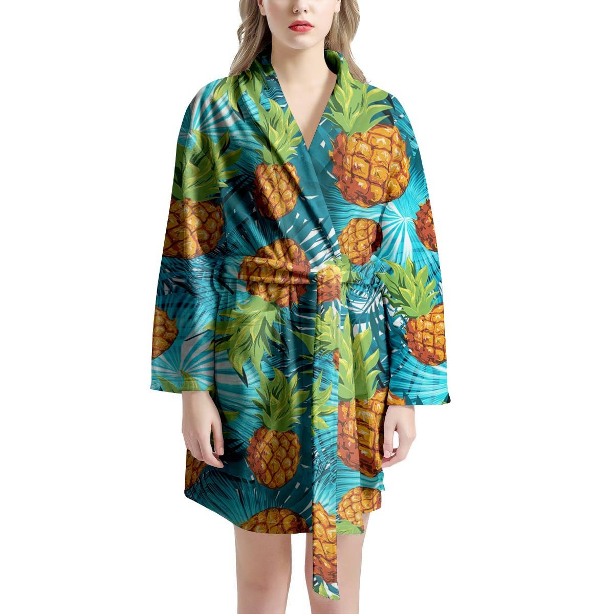 Blue Tropical Hawaiian Pineapple Print Women's Robe-grizzshop