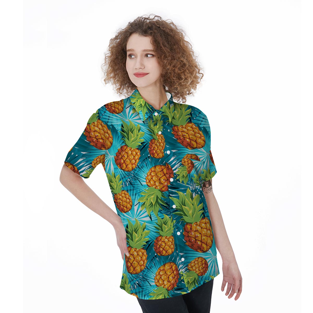 Blue Tropical Hawaiian Pineapple Print Women's Short Sleeve Shirts-grizzshop