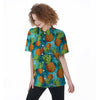 Blue Tropical Hawaiian Pineapple Print Women's Short Sleeve Shirts-grizzshop