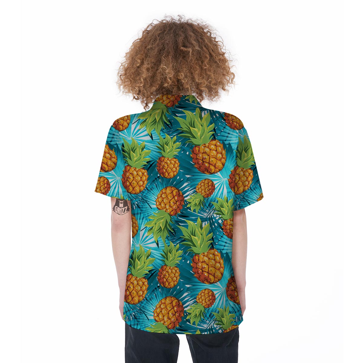 Blue Tropical Hawaiian Pineapple Print Women's Short Sleeve Shirts-grizzshop