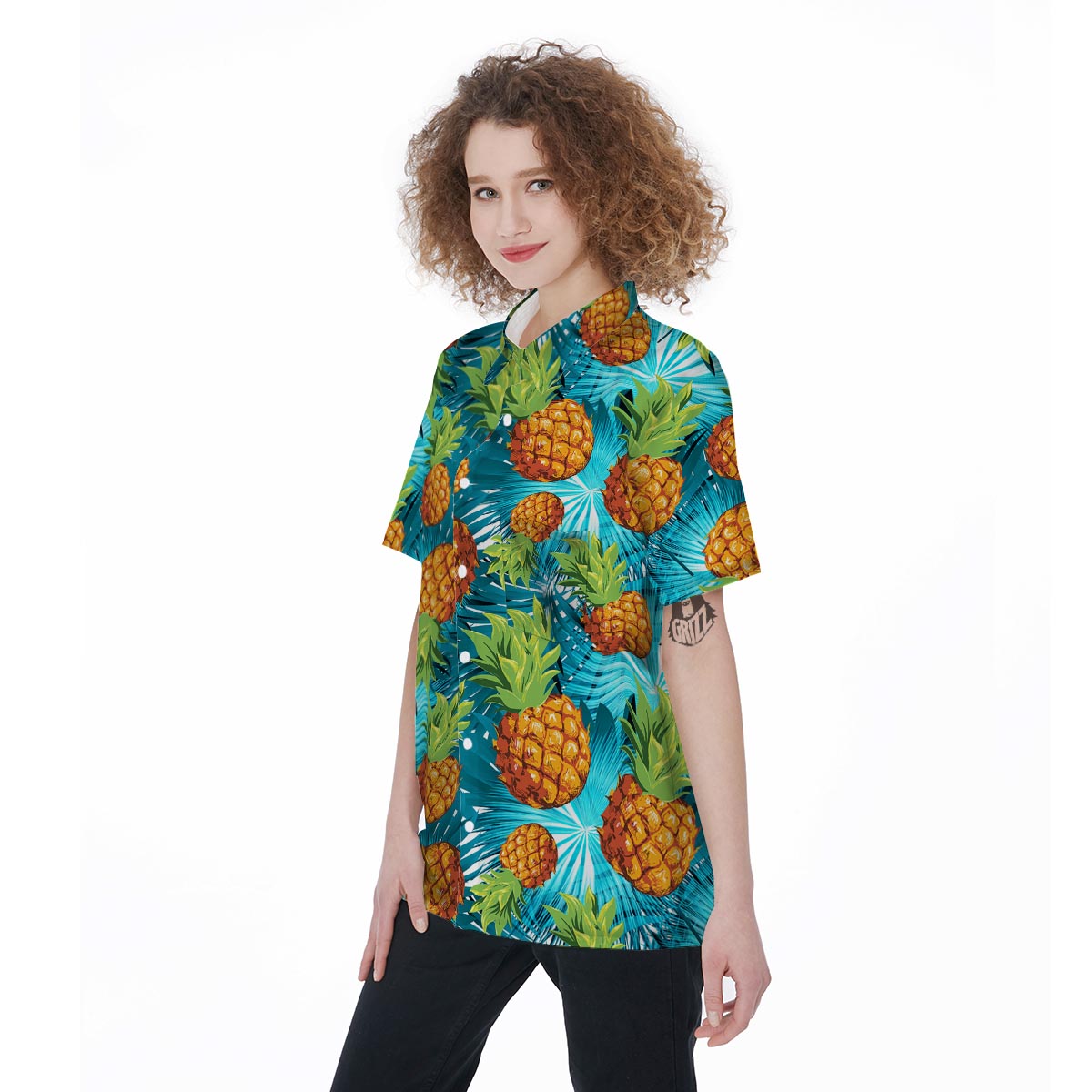 Blue Tropical Hawaiian Pineapple Print Women's Short Sleeve Shirts-grizzshop