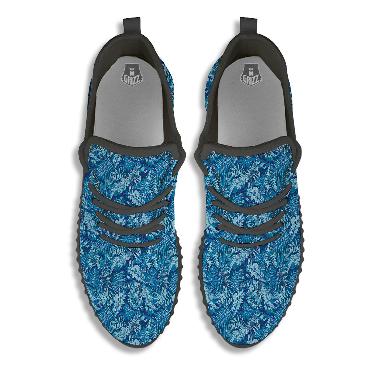 Blue Tropical Leaves Print Black Walking Shoes-grizzshop