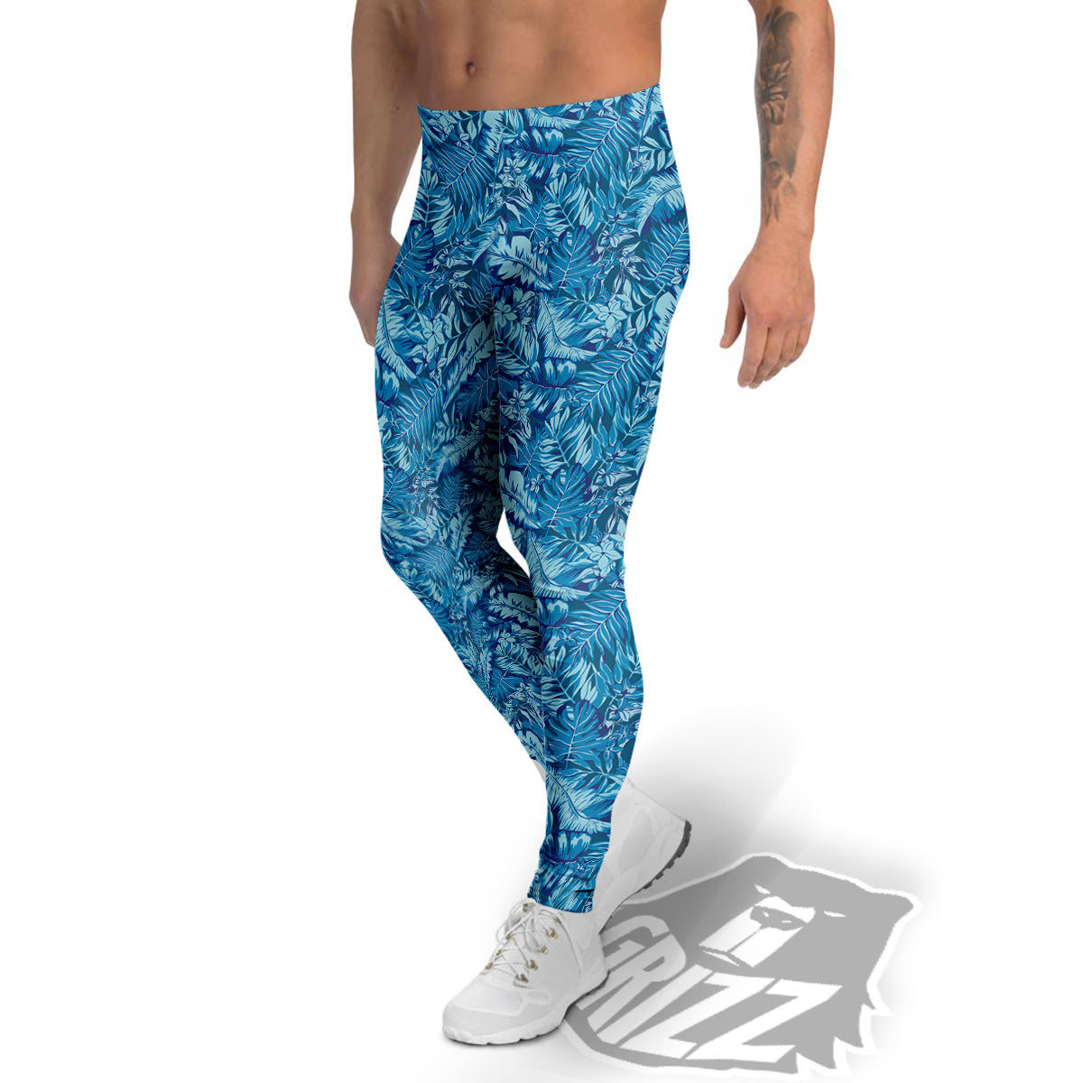 Blue Tropical Leaves Print Men's Leggings-grizzshop