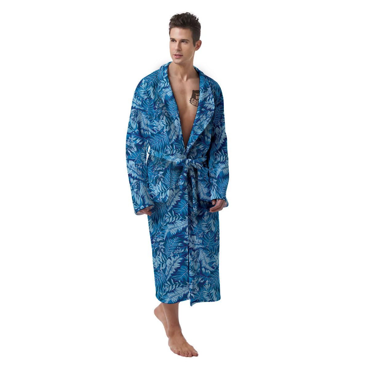Blue Tropical Leaves Print Men's Robe-grizzshop
