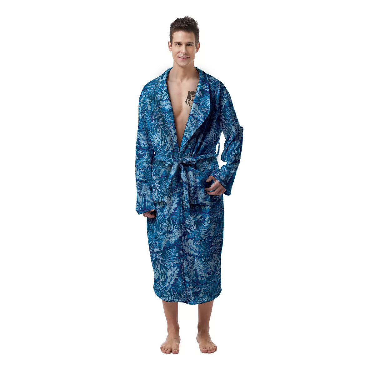 Blue Tropical Leaves Print Men's Robe-grizzshop