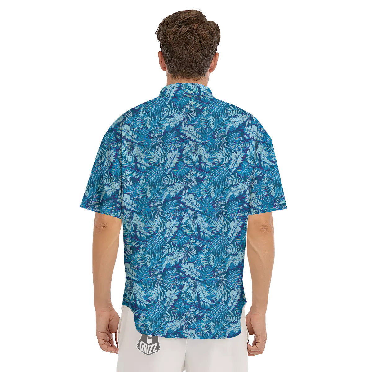 Blue Tropical Leaves Print Men's Short Sleeve Shirts-grizzshop