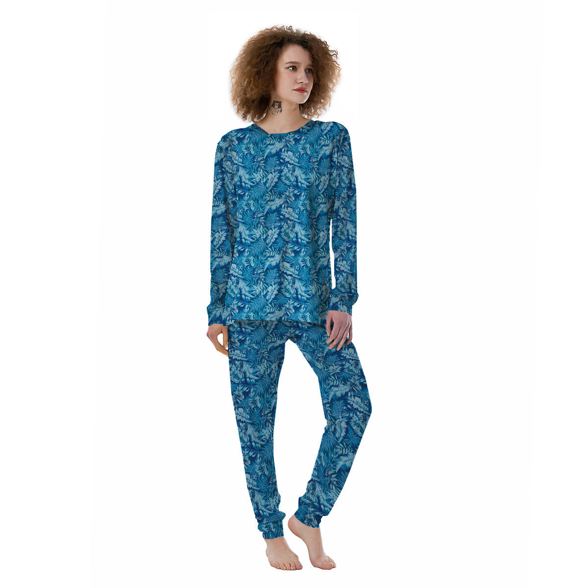 Blue Tropical Leaves Print Women's Pajamas-grizzshop