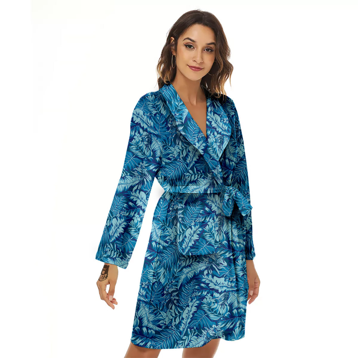 Blue Tropical Leaves Print Women's Robe-grizzshop