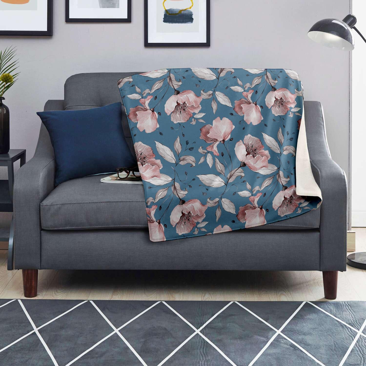 Blue Vintage Floral Print Blanket-grizzshop