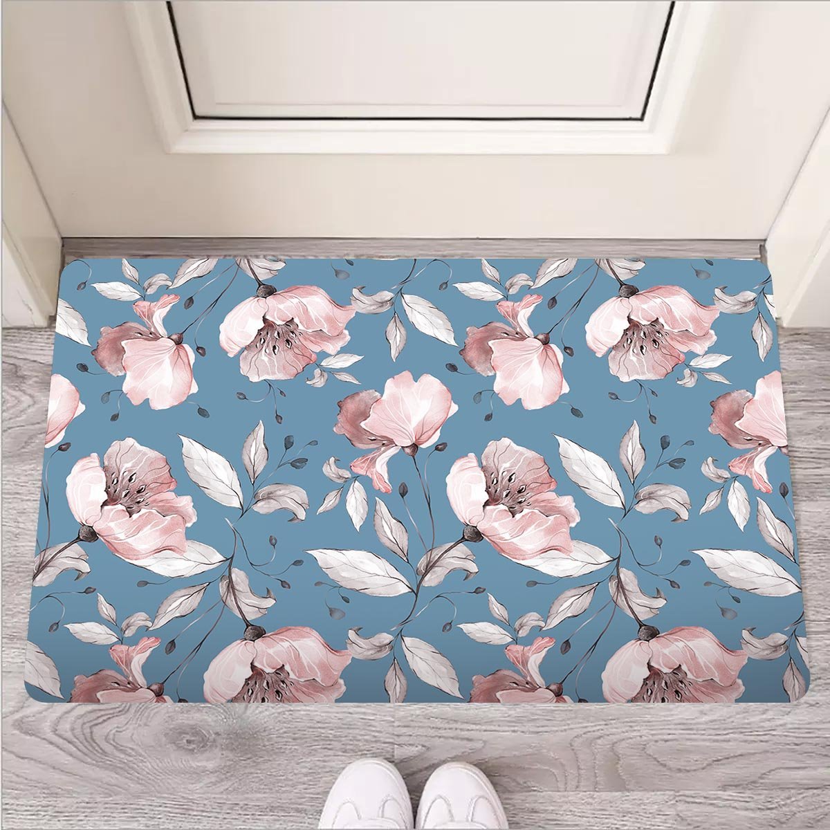 Blue Vintage Floral Print Door Mat-grizzshop