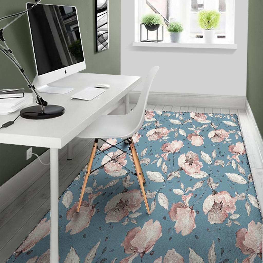 Blue Vintage Floral Print Floor Mat-grizzshop