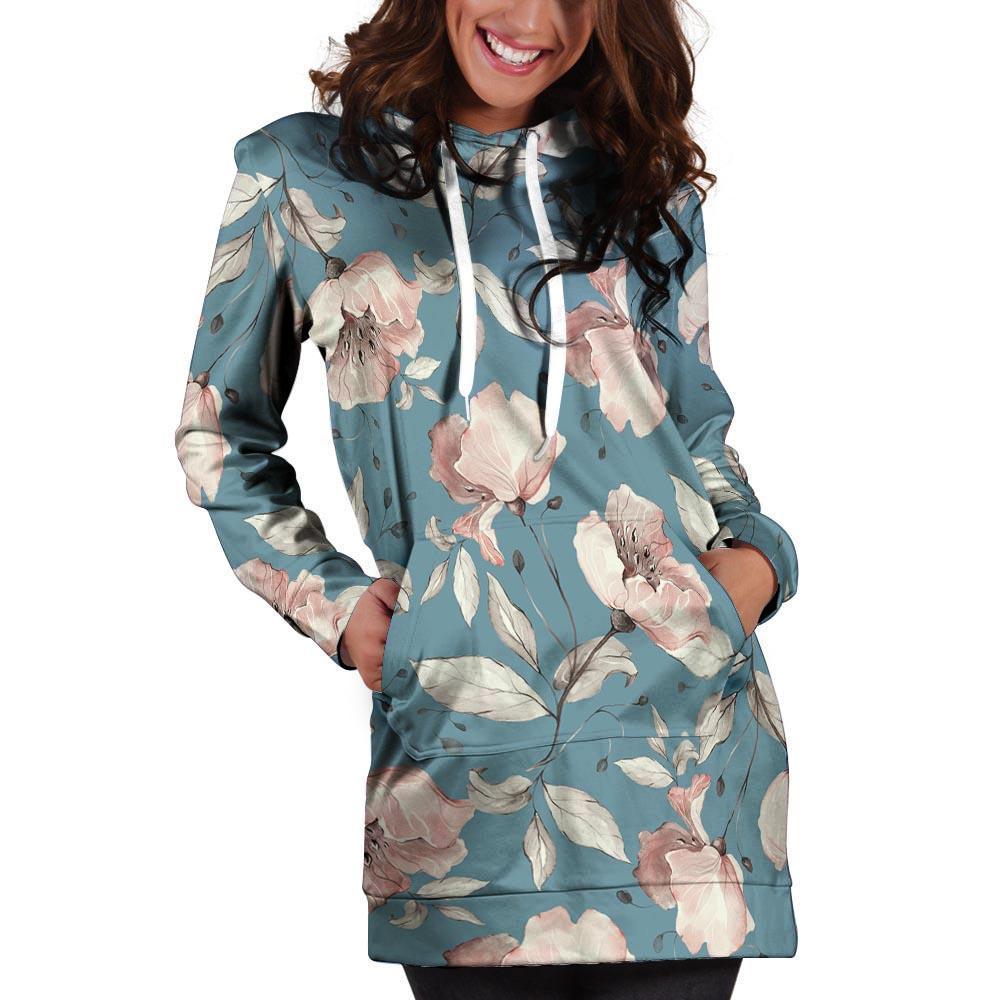 Blue Vintage Floral Print Hoodie Dress-grizzshop