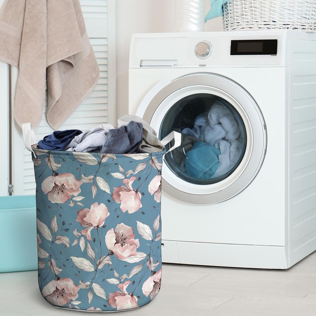 Blue Vintage Floral Print Laundry Basket-grizzshop