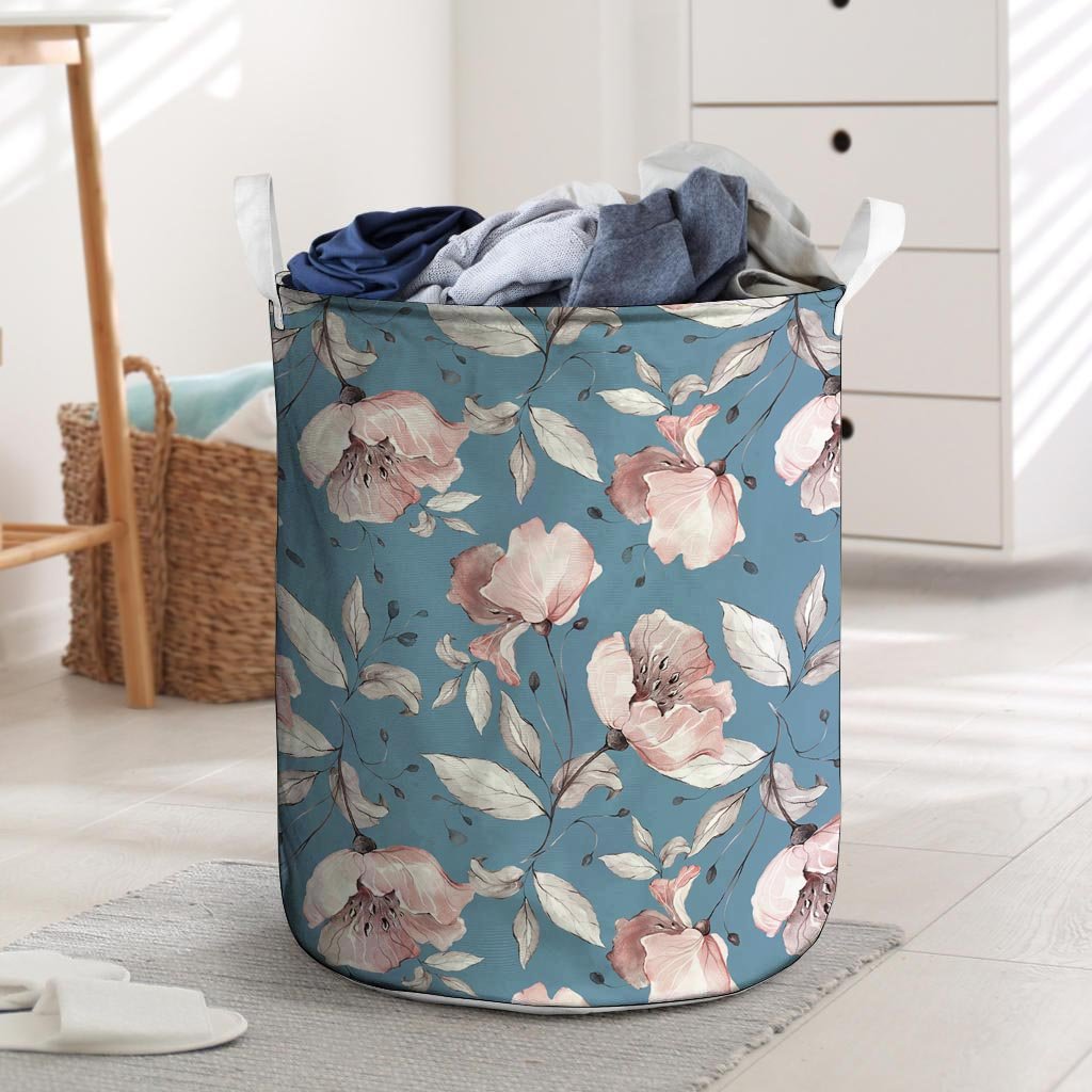 Blue Vintage Floral Print Laundry Basket-grizzshop