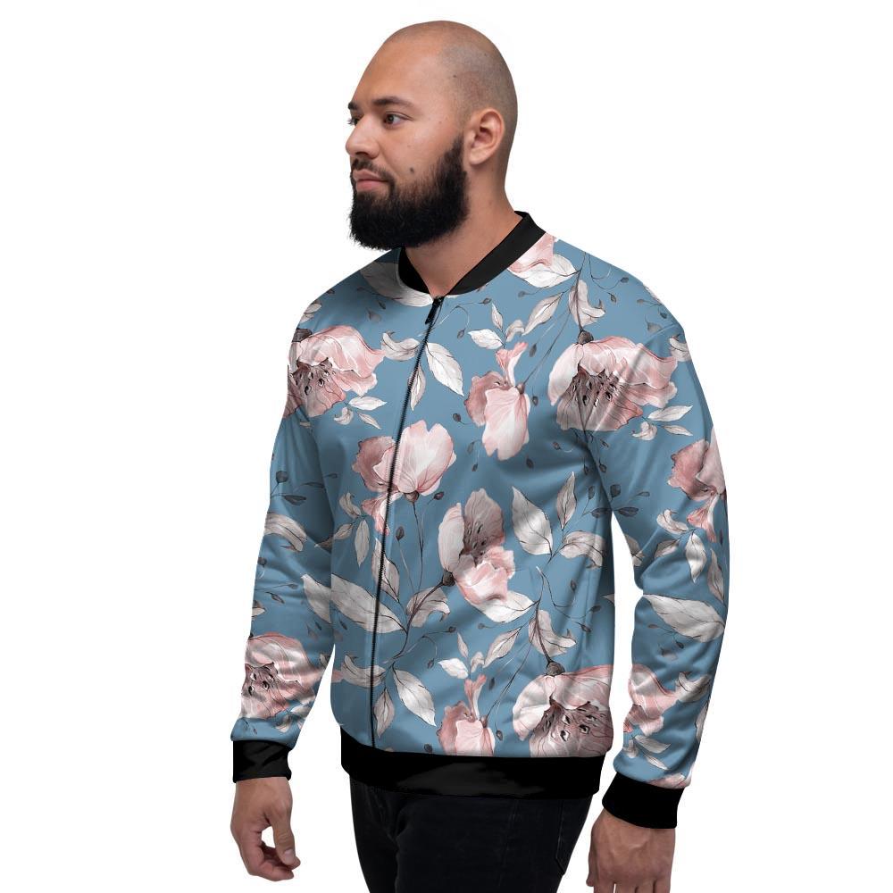 Blue Vintage Floral Print Men's Bomber Jacket-grizzshop