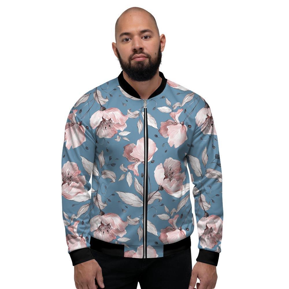 Blue Vintage Floral Print Men's Bomber Jacket-grizzshop