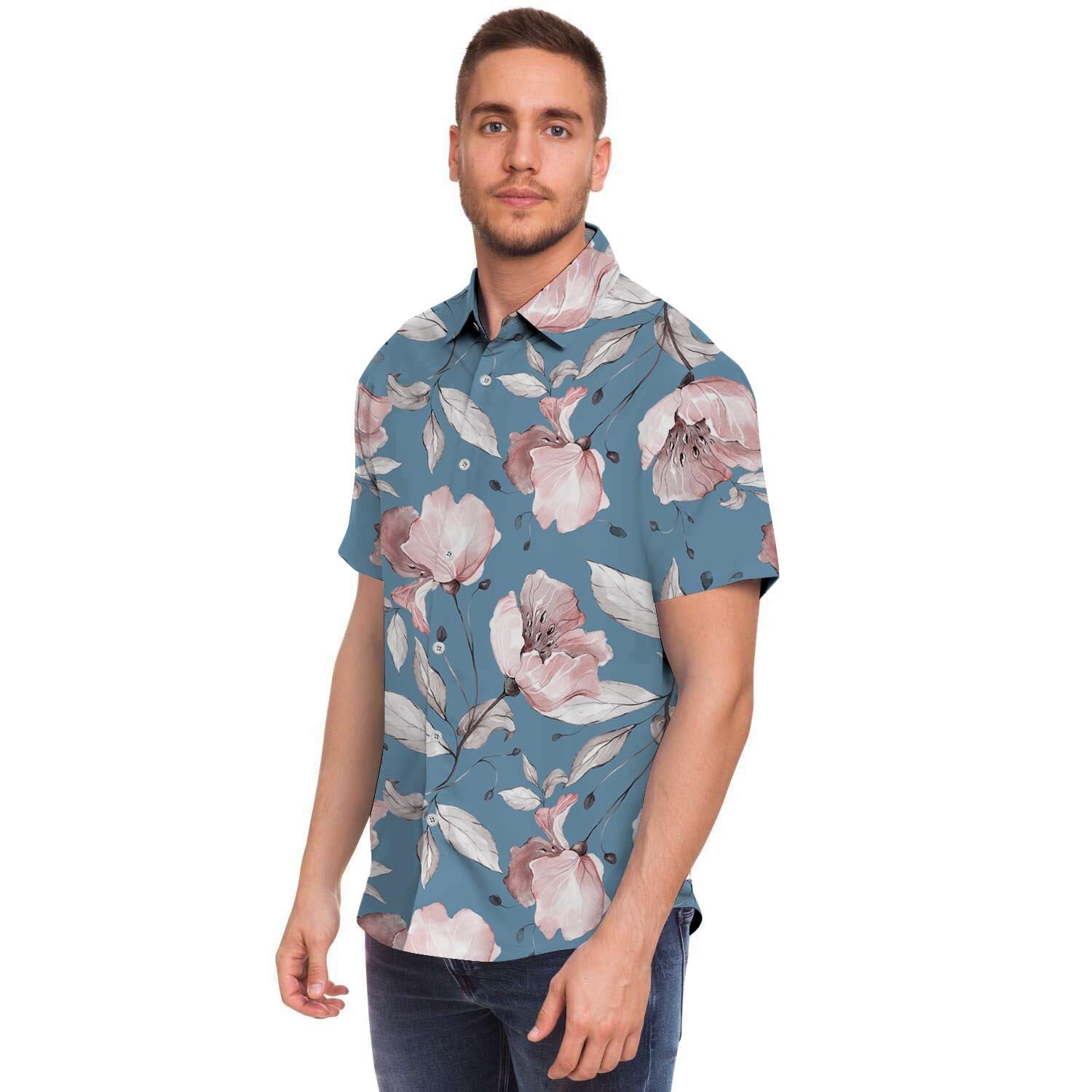 Blue Vintage Floral Print Men's Short Sleeve Shirt-grizzshop