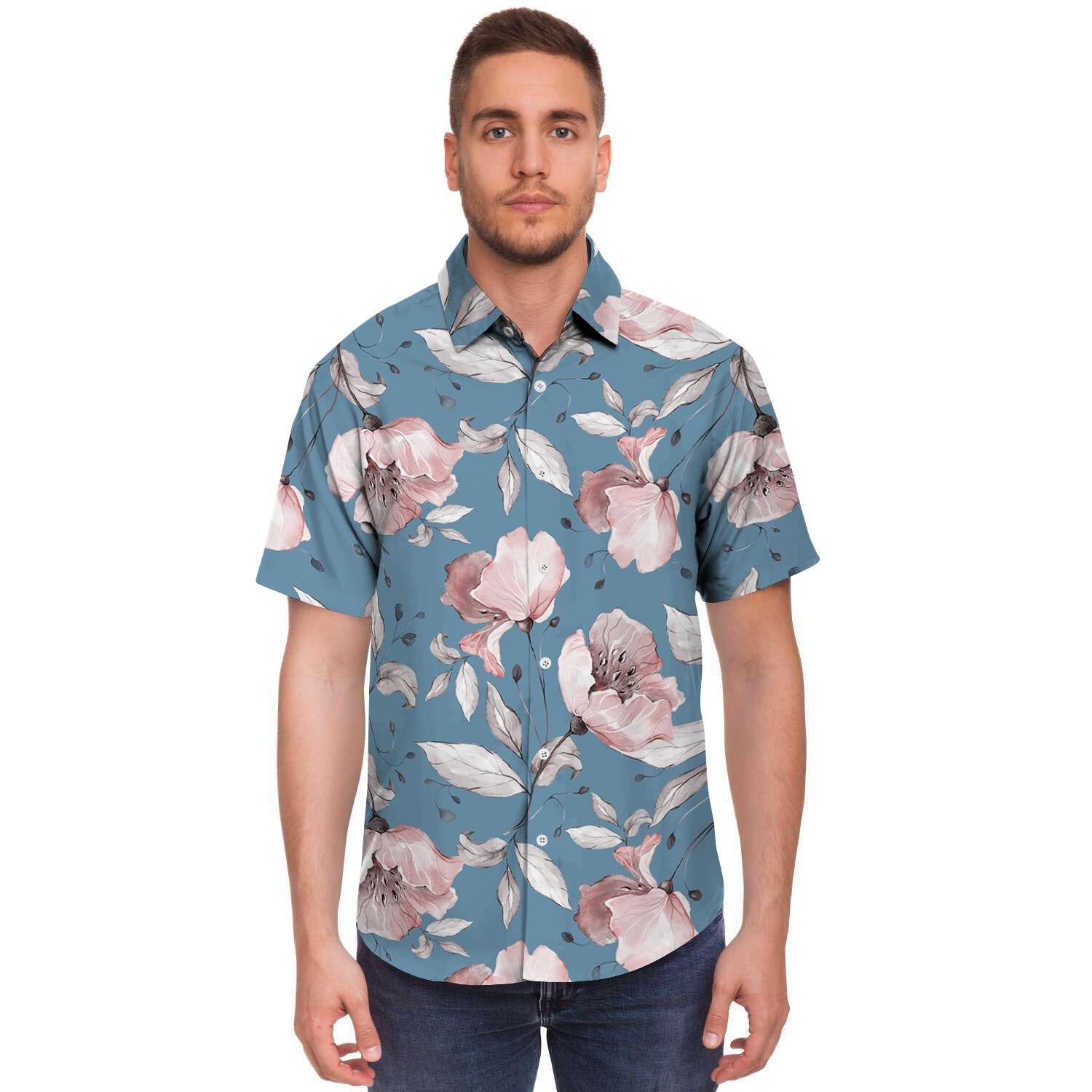 Blue Vintage Floral Print Men's Short Sleeve Shirt-grizzshop