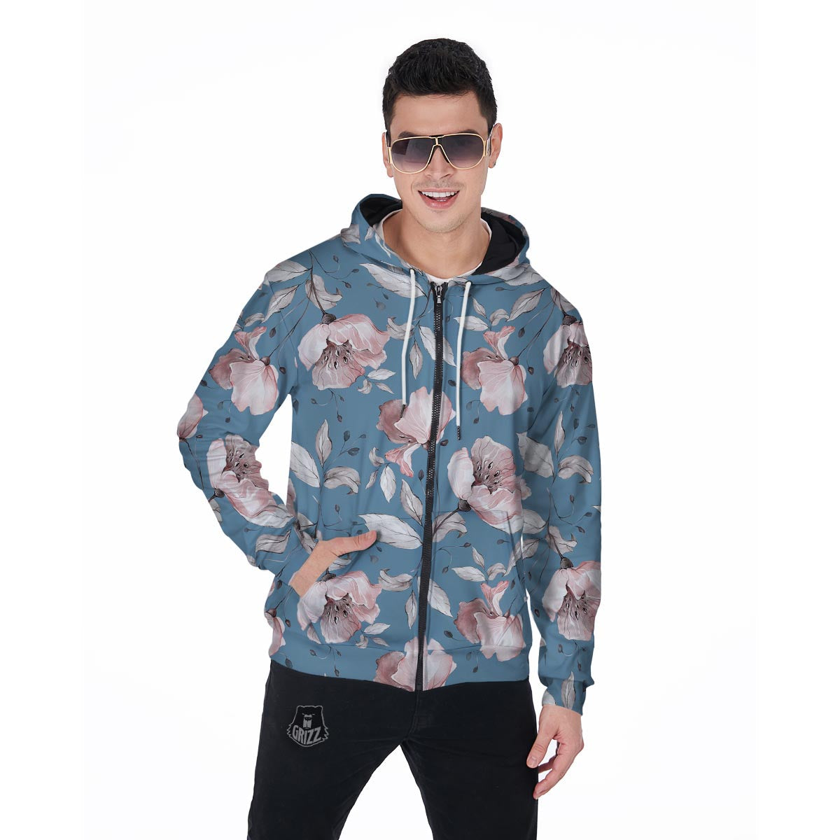 Blue Vintage Floral Print Men's Zip Up Hoodie-grizzshop