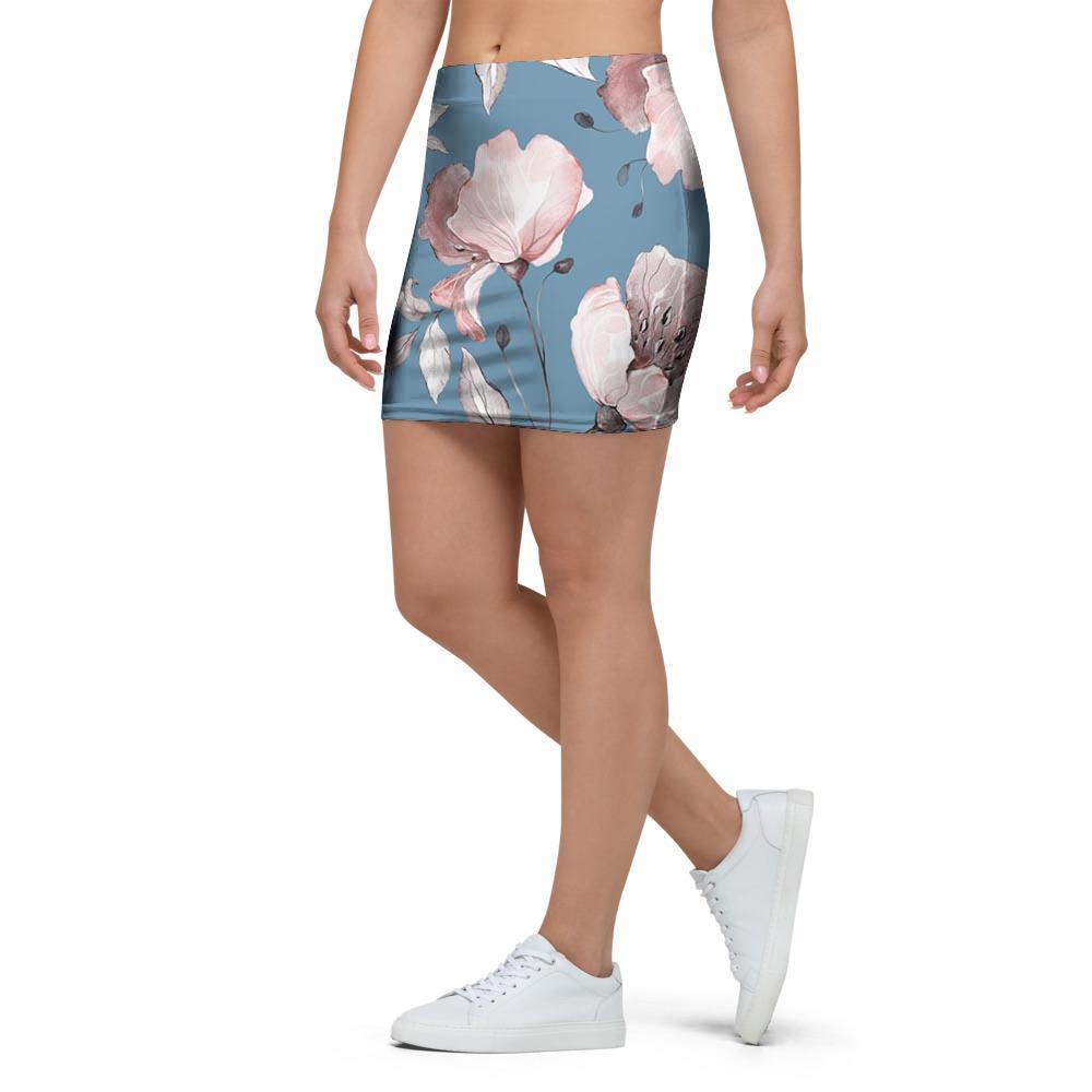 Blue Vintage Floral Print Mini Skirt-grizzshop