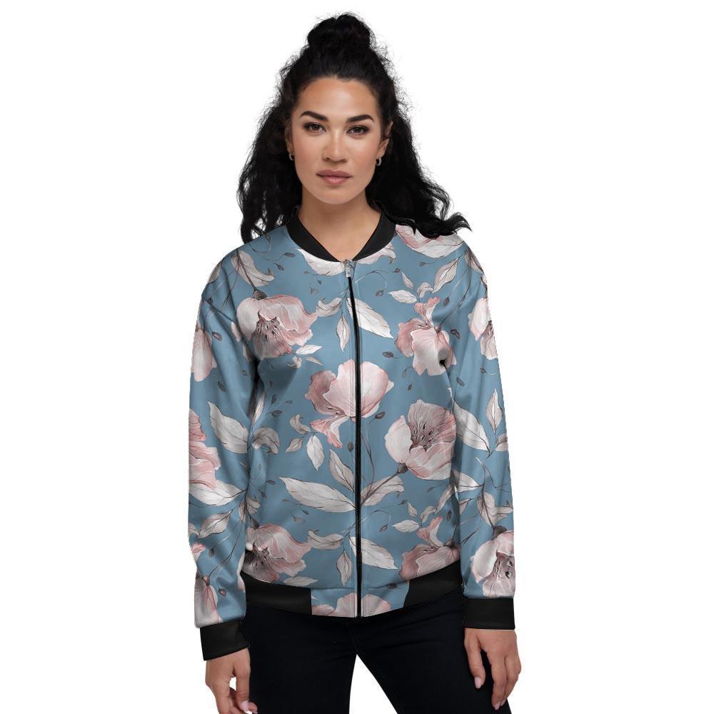 Blue Vintage Floral Print Women's Bomber Jacket-grizzshop