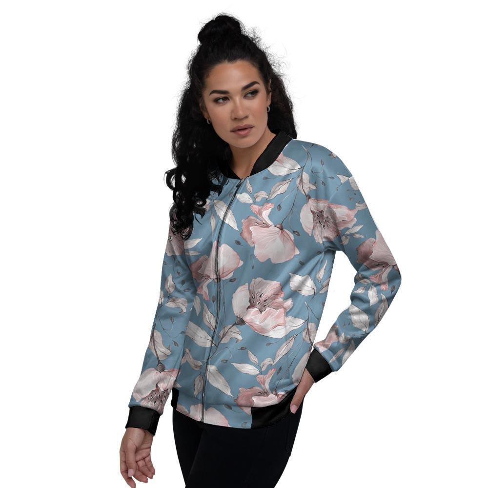 Blue Vintage Floral Print Women's Bomber Jacket-grizzshop