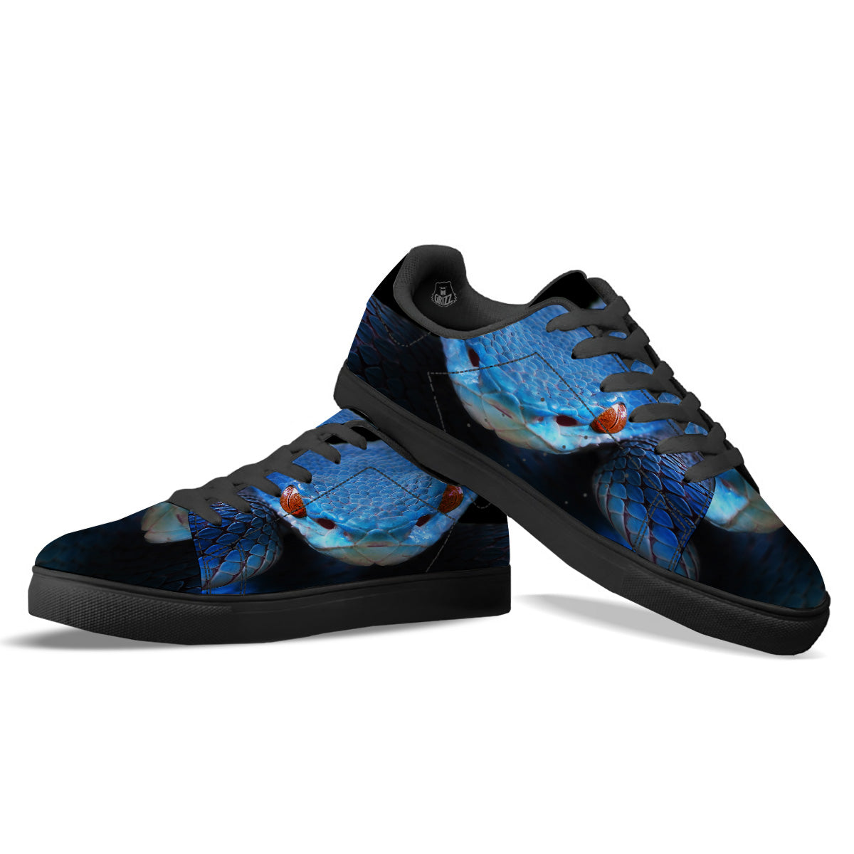 Blue Viper Snake Print Black Low Top Sneakers-grizzshop