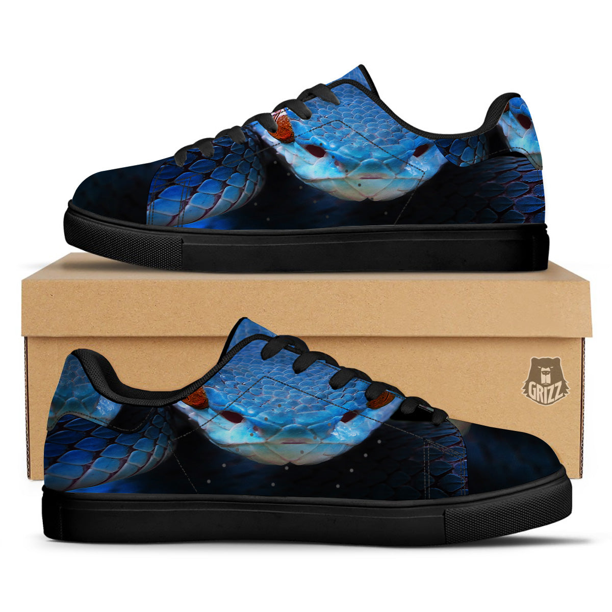 Blue Viper Snake Print Black Low Top Sneakers-grizzshop