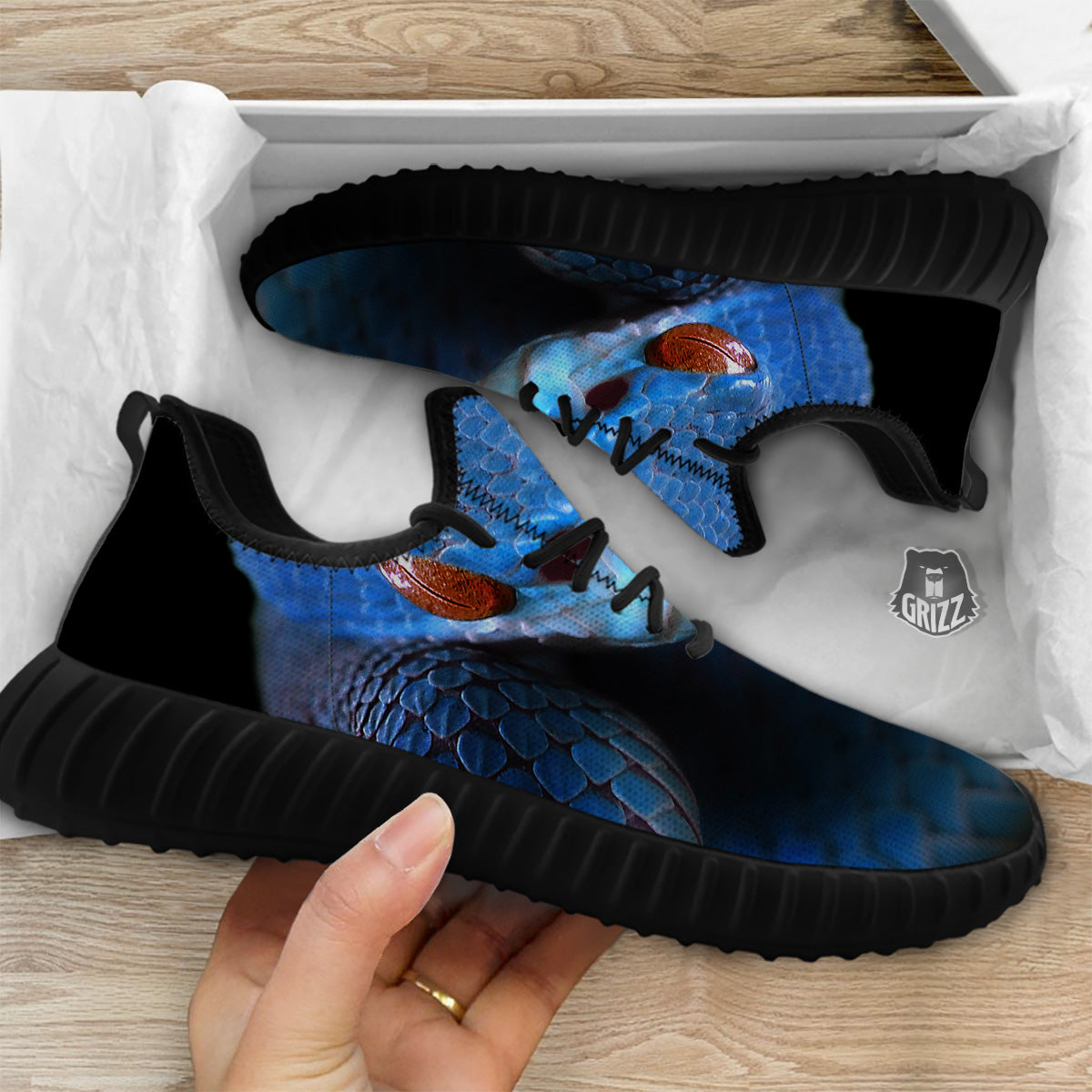 Blue Viper Snake Print Black Walking Shoes-grizzshop