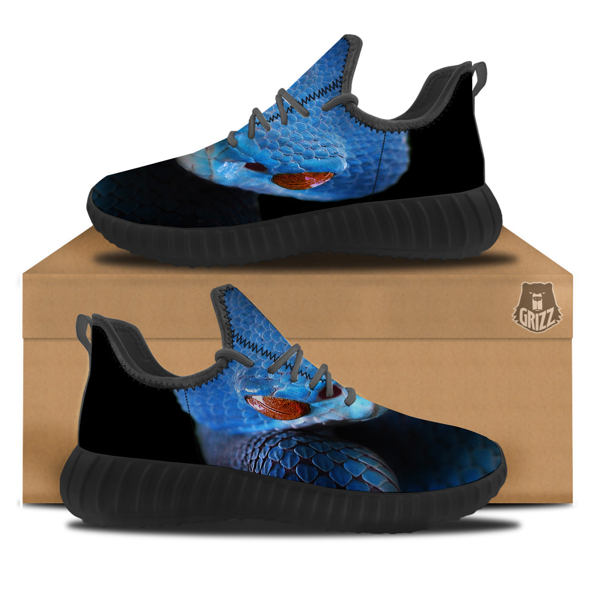 Blue Viper Snake Print Black Walking Shoes-grizzshop