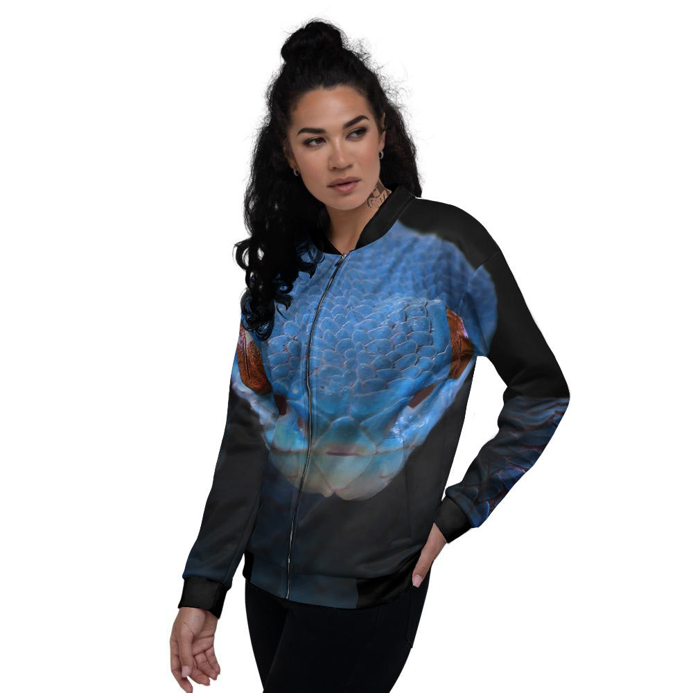 Blue Viper Snake Print Women's Bomber Jacket-grizzshop
