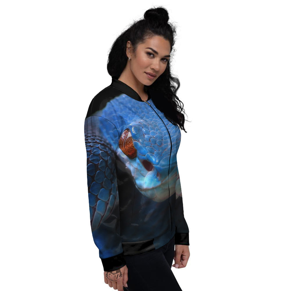 Blue Viper Snake Print Women's Bomber Jacket-grizzshop