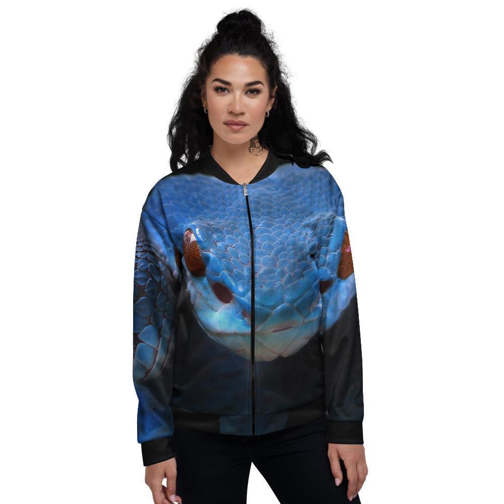 Blue Viper Snake Print Women's Bomber Jacket-grizzshop