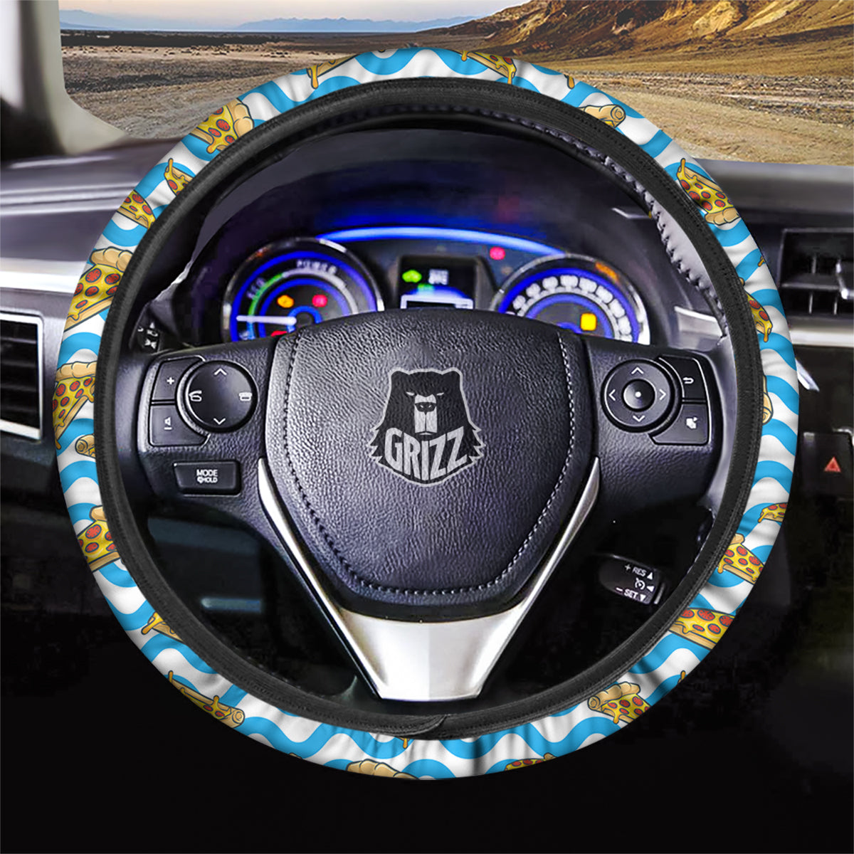 Blue Wave Pizza Print Pattern Car Steering Wheel Cover-grizzshop