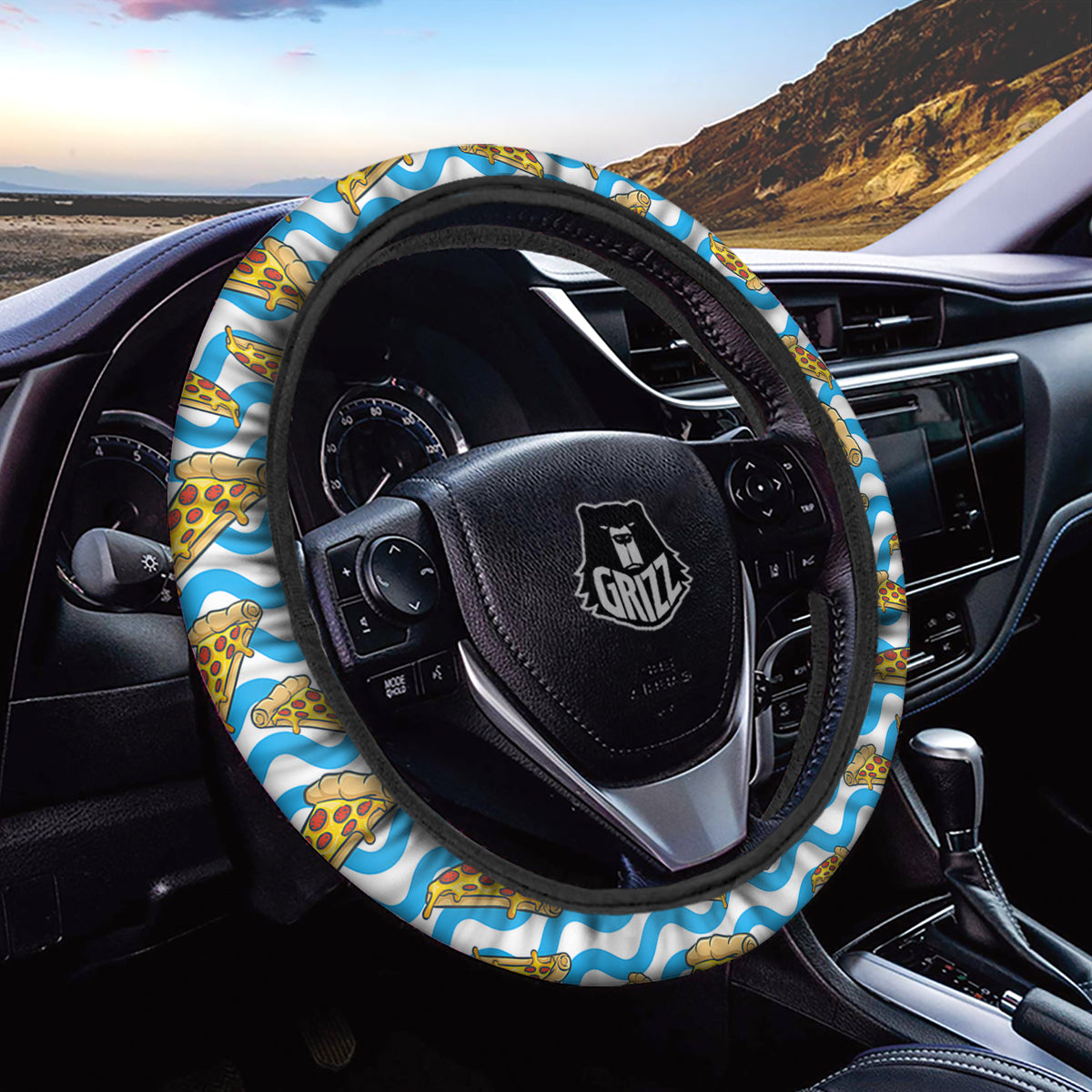 Blue Wave Pizza Print Pattern Car Steering Wheel Cover-grizzshop
